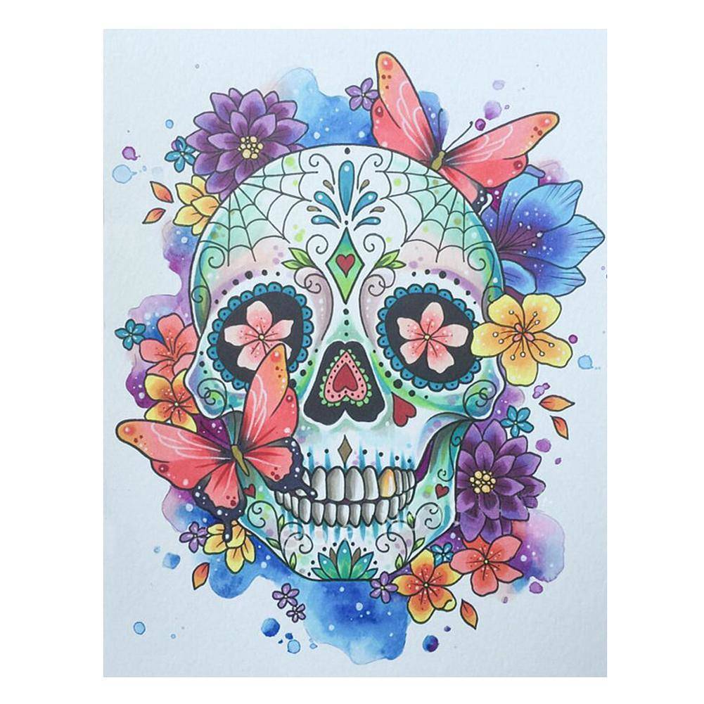 Flowers Skull - Full Drill Round Drill - 30x25cm